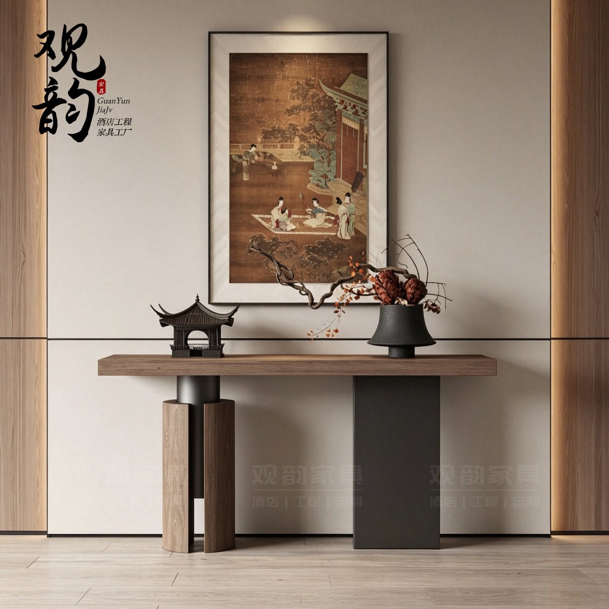 侘寂风实木玄关台靠墙隔断入户条案中古风玄关桌装饰桌摆件供台桌