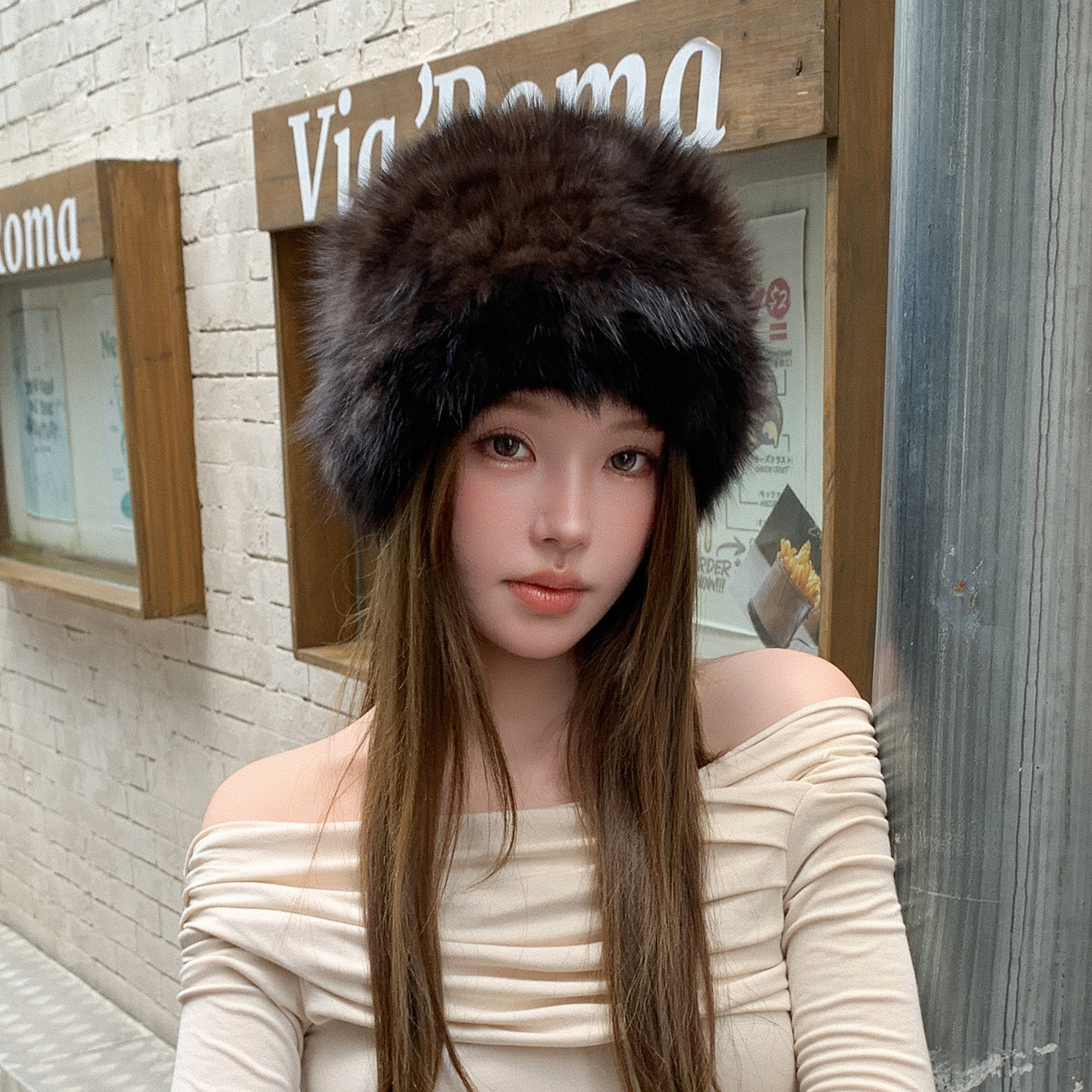 紫貂毛皮草圆帽冬天保暖