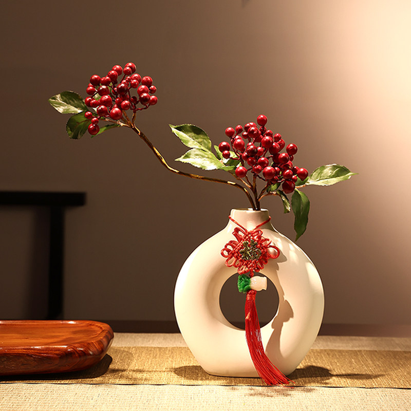 仿真花可折浆果带绿叶红果发财果摆件冬青枝花瓶套装客厅假花摆设图片