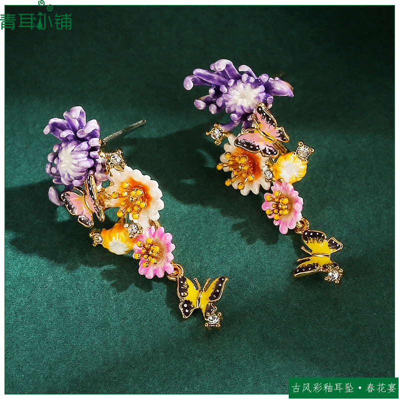 珐琅彩釉多色雏菊花耳坠925银针