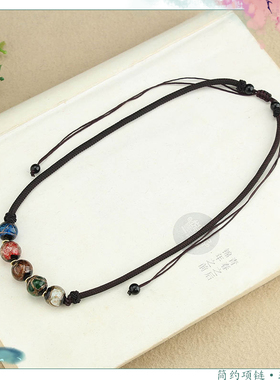 五彩香灰琉璃珠项链锁骨链