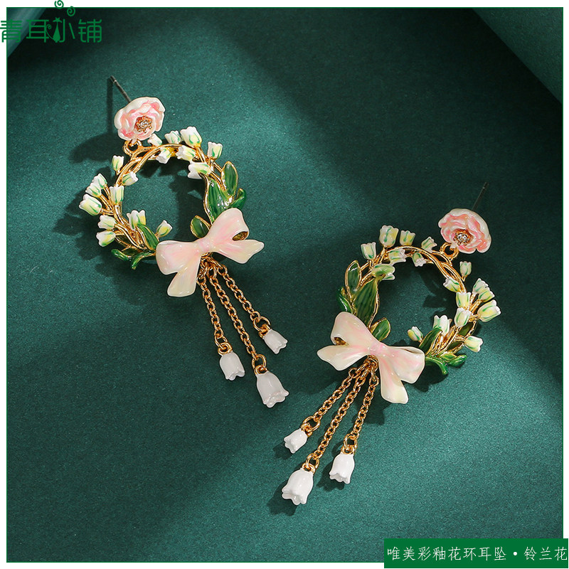 彩釉粉色玫瑰蝴蝶结铃兰花环耳坠