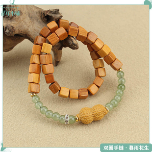 国风小清新檀香木块手链古风文艺天然石珠小花生双圈手串秋冬新款
