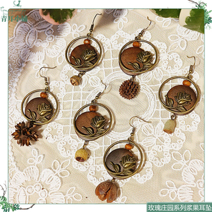 森系小清新手工制作木片浆果系列耳坠个性复古镂空玫瑰长款耳环女