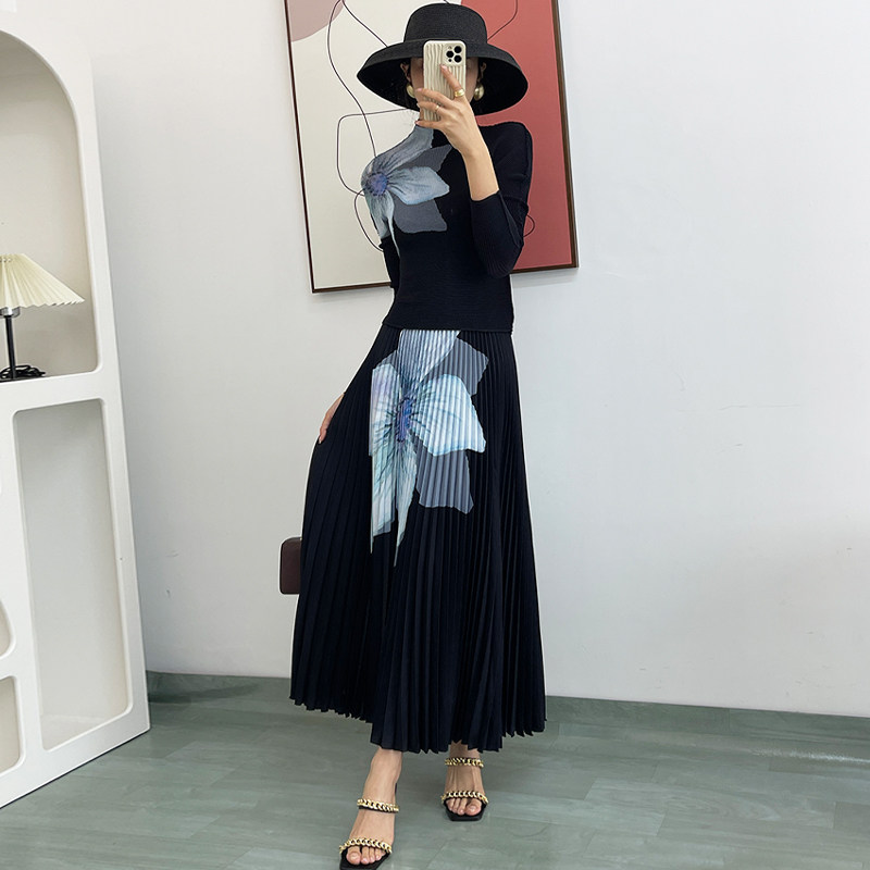 PY褶皱印花裙套装女2024秋季新款高端时尚气质黑色显瘦减龄两件套