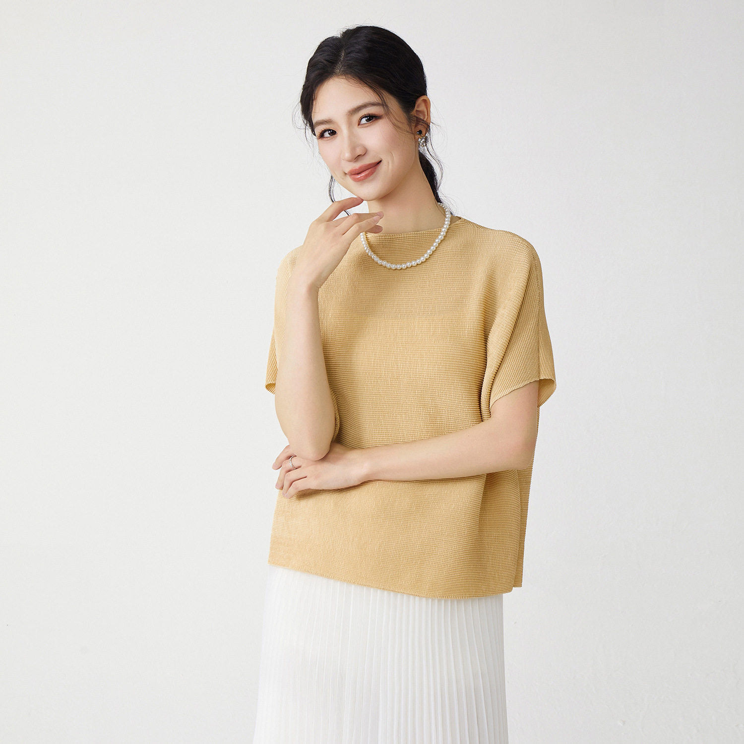 PY褶皱短袖T恤女宽松2025年夏季新款纯色遮肉显瘦百搭套头上衣