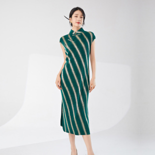 PY褶皱改良版旗袍女新中式夏天开叉裙子条纹印花中长款显瘦连衣裙