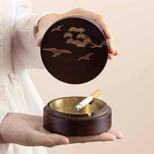 新中式家用客厅烟灰缸办公室防飞灰高档茶桌摆件竹制茶台雪茄烟缸