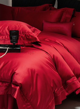 高档100S正红色婚庆纯棉四件套轻奢贡缎长绒棉喜悦高端喜嫁2m床品