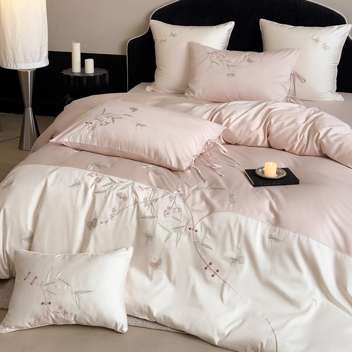 新中式刺绣花卉100s长绒棉全棉四件套粉色贡缎纯棉床品套件高级感,床上用品,床品套件/四件套/多件套,淘宝优惠券,粉丝福利购,淘宝优惠卷