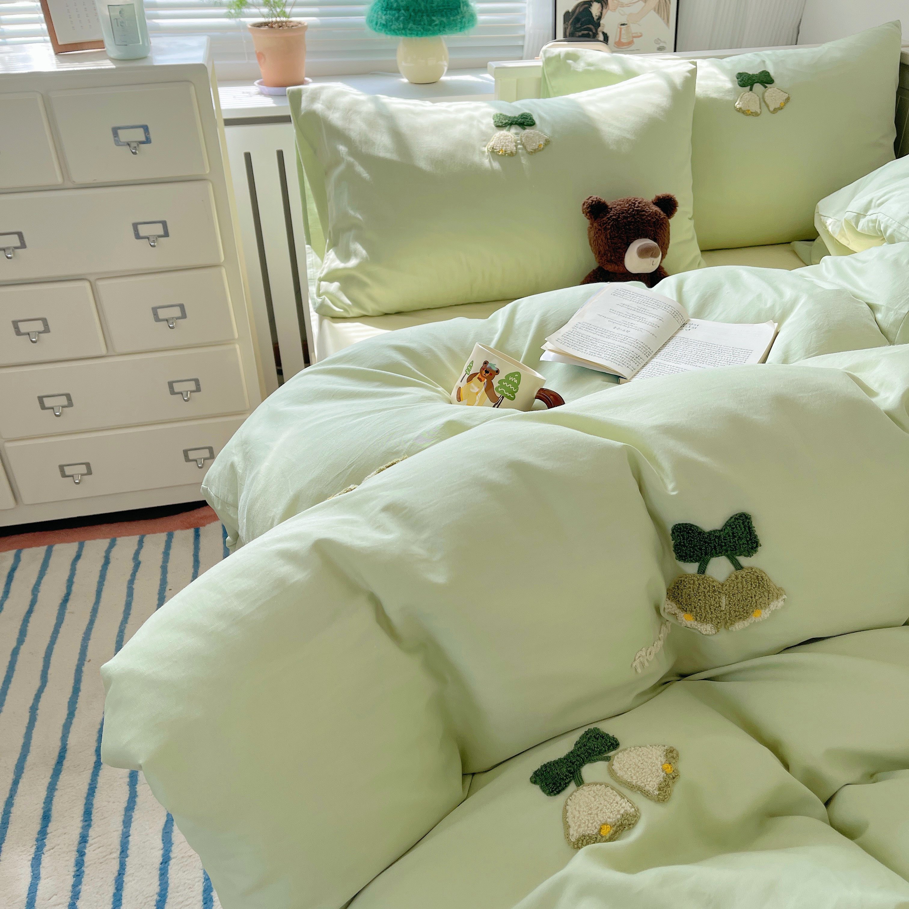 绿色郁金香纯棉毛巾绣三四件套春夏小清新全棉床单1.8米床上用品,床上用品,床品套件/四件套/多件套,淘宝优惠券,粉丝福利购,淘宝优惠卷