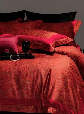 高档100S正红色婚庆纯棉四件套轻奢贡缎长绒棉喜悦高端喜嫁2m床品