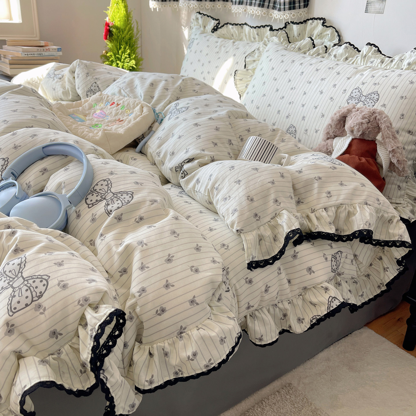 韩式蝴蝶结荷叶花边纯棉四件套黑白风圆点被套洛丽塔床单床上用品