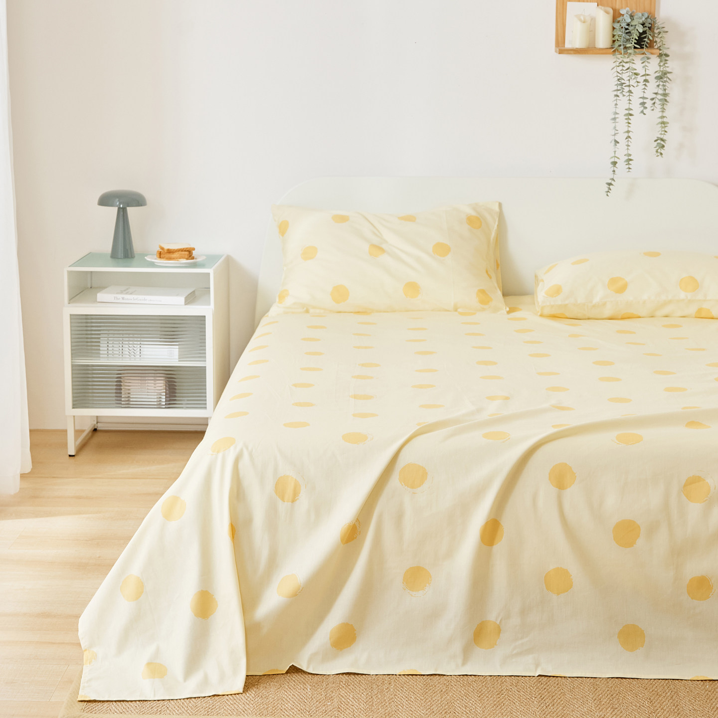 奶黄色圆点全棉单床单学生宿舍单人床单双人床笠纯棉简约床罩枕套
