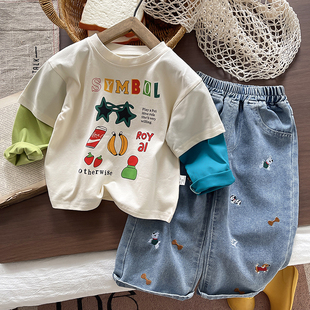 2025小男孩春秋新款牛仔裤+T恤拼接圆领卡通套装休闲宝宝印花长袖