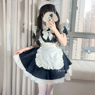 古早风黑白女仆装cosplay服装可爱万圣节大码洛丽塔lolita连衣裙