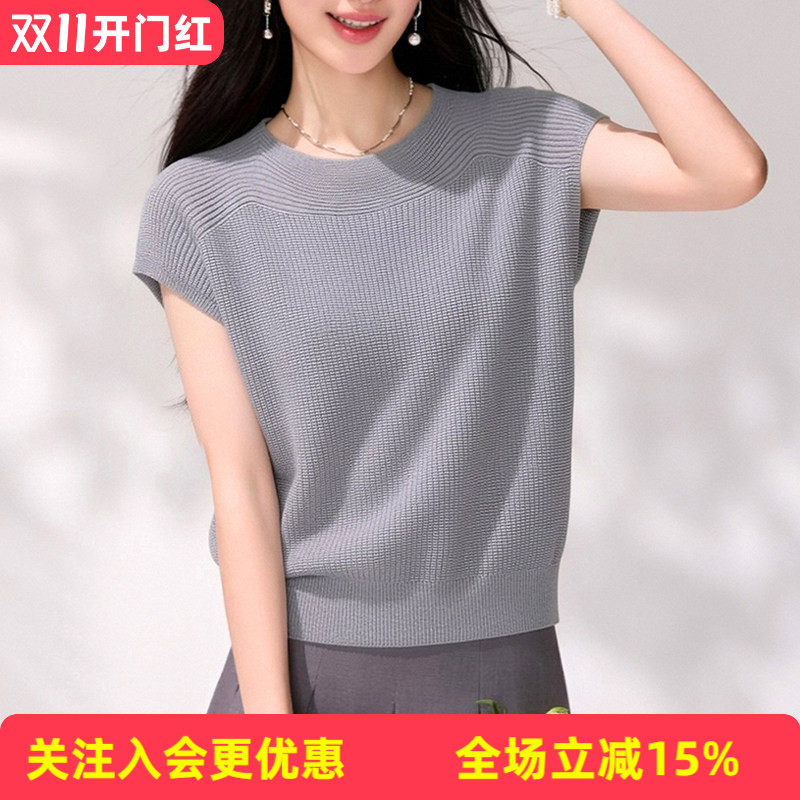 金菊夏季无袖一字宽肩飞袖设计华夫格镂空透气薄款宽松女式针织衫