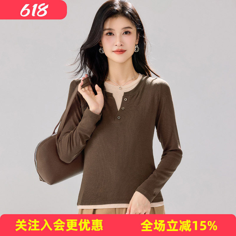 金菊含羊毛2026年春秋新款假两件女式针织衫个性时髦套头上衣