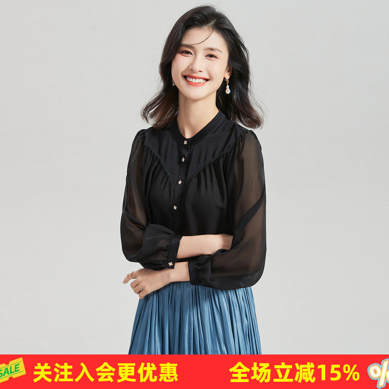 金菊桑蚕丝宫廷风上衣春季立领泡泡袖纯色拼接半开襟女式T恤