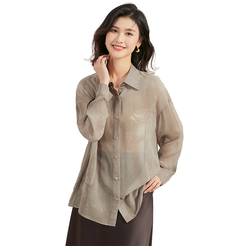金菊100%真丝仿牛仔设计春季新款翻领做旧桑蚕丝上衣女式衬衫