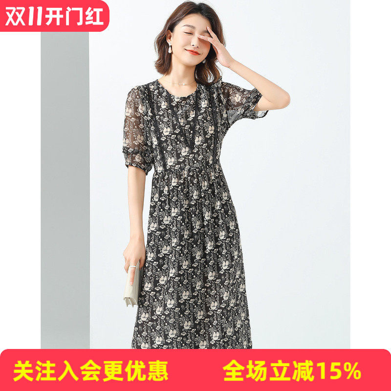 金菊真丝100%圆领短袖印花拼接蕾丝褶皱泡泡袖桑蚕丝女式连衣裙