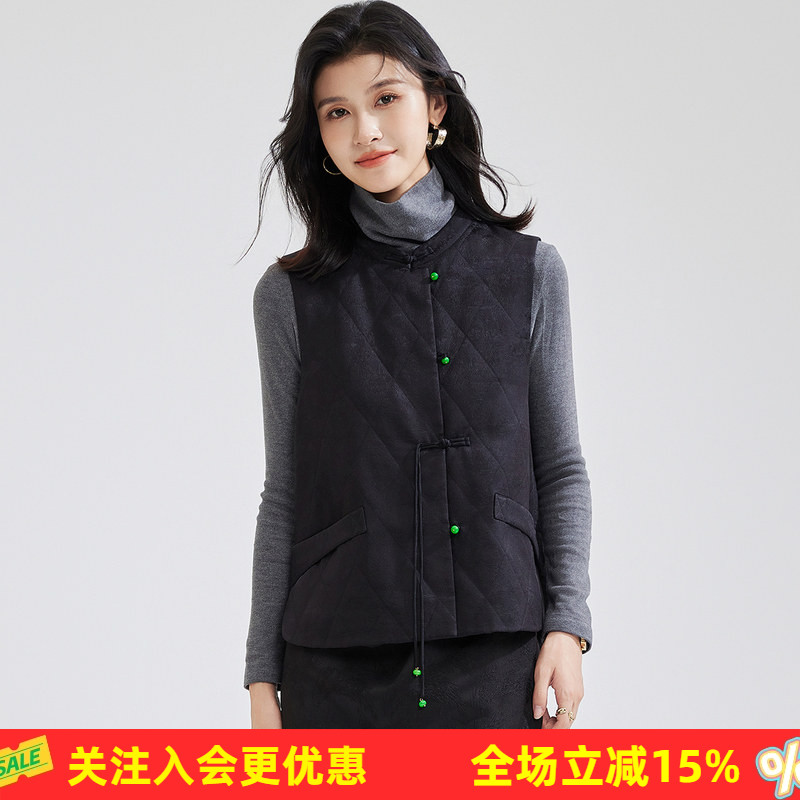 新中式马甲立领无袖桑蚕丝女式背心春春纯色格纹开衫上衣纽扣飘带