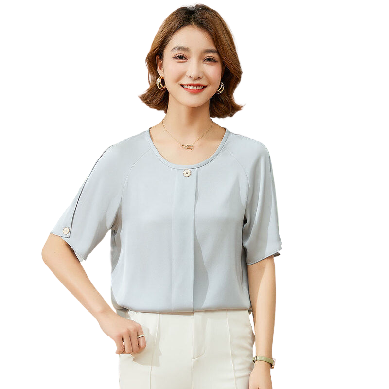 金菊重磅弹力桑蚕丝圆领纯色插肩袖上衣夏季新款短袖直筒女式T恤