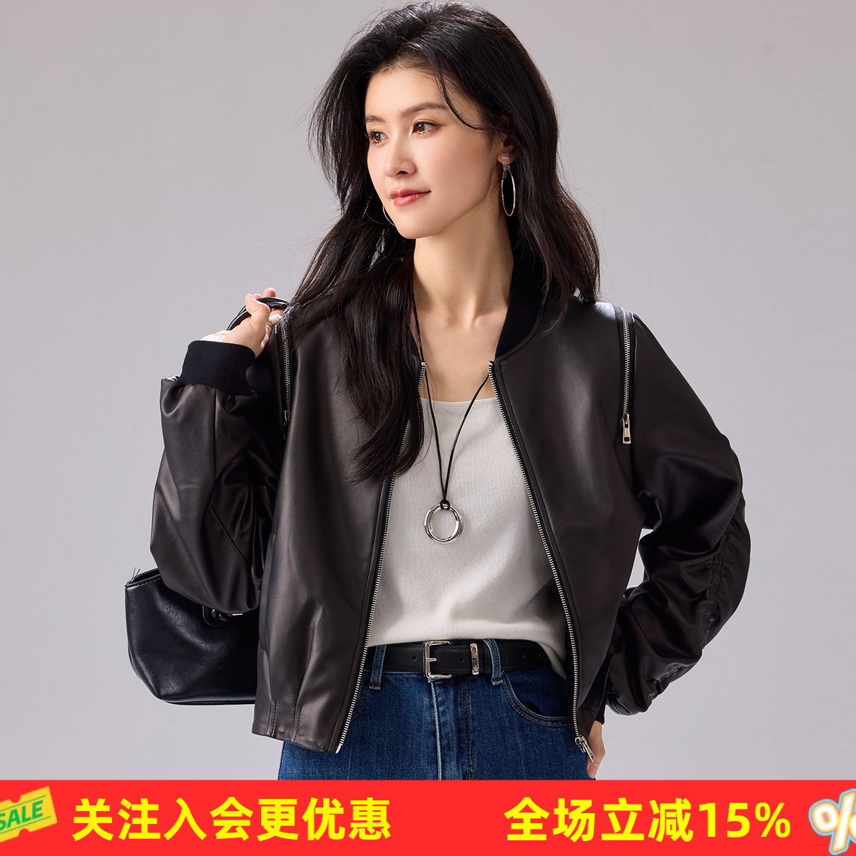 金菊皮衣外套26年新款棒球领多拉链设计宽松时尚高级感女式外套
