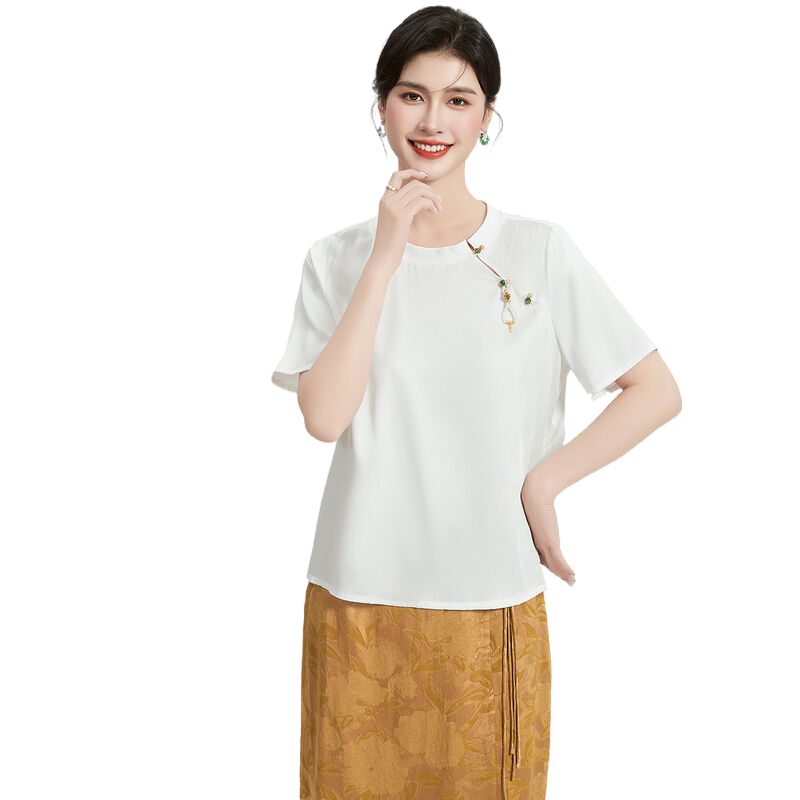 【桑蚕丝新中式上衣】夏季纯色圆领短袖斜门襟吊坠装饰女式T恤