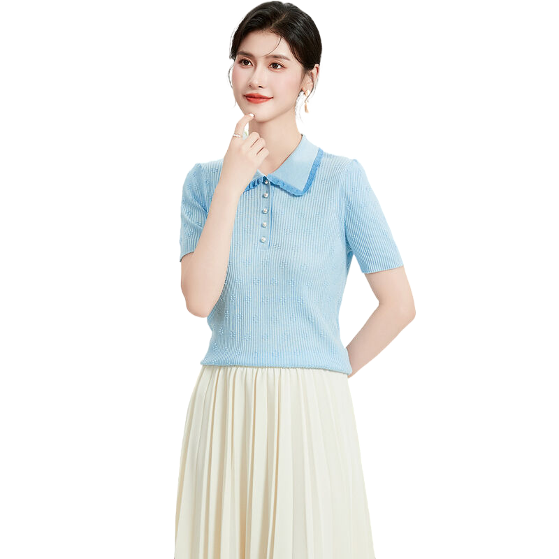 含桑蚕丝小清新上衣夏季纯色翻领短袖女式针织衫门襟立体装饰