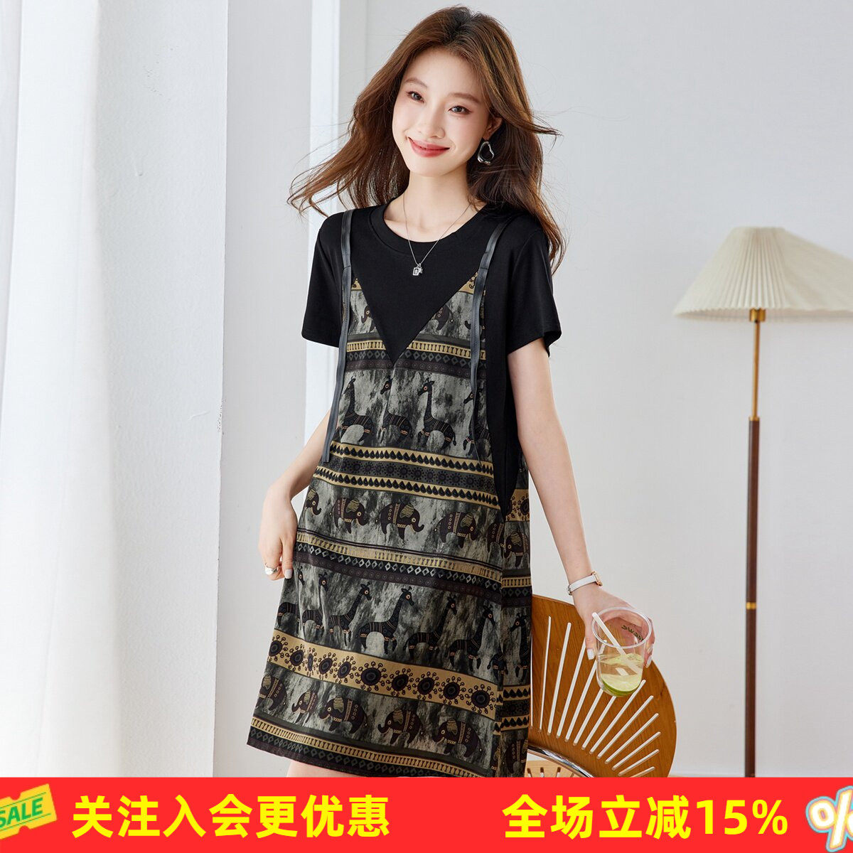 金菊复古动物印花假两件夏季新款宽松显瘦减龄短袖女式连衣裙