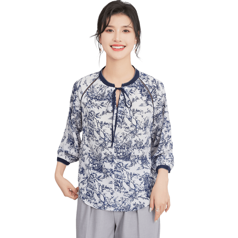 【100%真丝】夏季系带领桑蚕丝插肩袖印花上衣女式T恤小清新