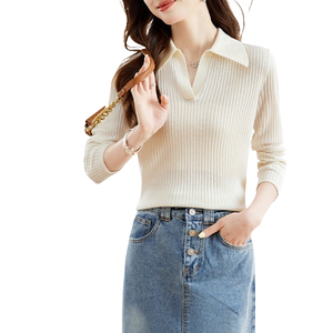 金菊含绵羊毛纯色翻领长袖2024秋季新款女式针织衫