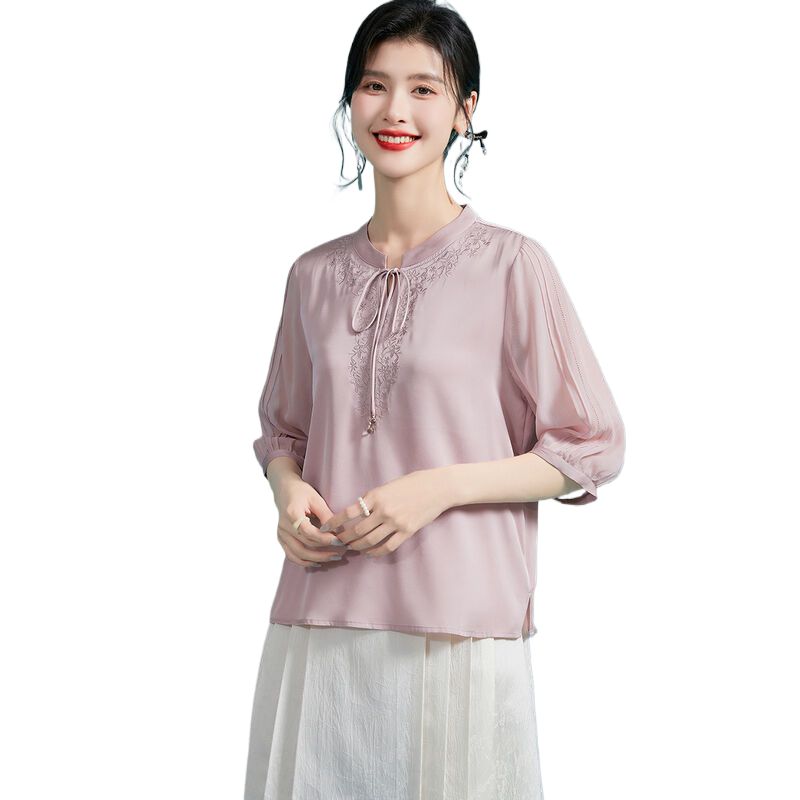 金菊桑蚕丝春季新中式衬衫立领五分袖透气薄款T恤通勤女式衬衫