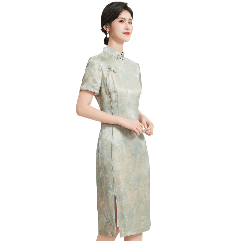 一路绿灯【桑蚕丝国风旗袍】夏季立领短袖中长款女式连衣裙修身
