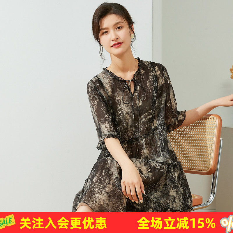 金菊春夏新款100%桑蚕丝系带领短袖印花荷叶边真丝女式连衣裙
