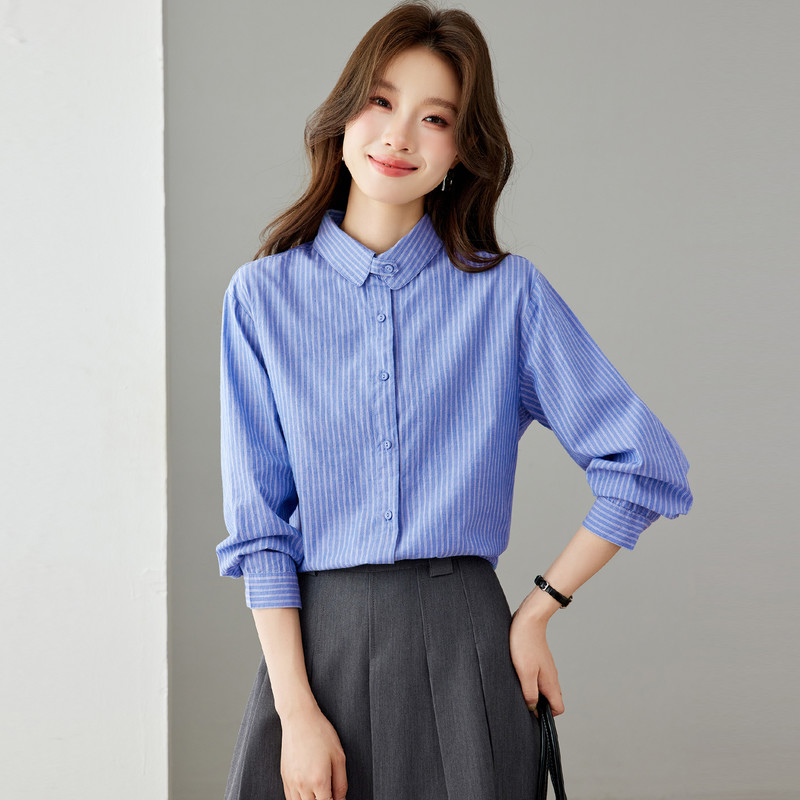 秋季韩系简约条纹衬衣女蓝白细竖纹翻领收褶灯笼袖女士宽松上衣