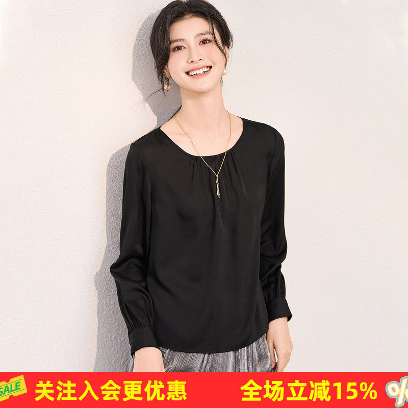 金菊26年春季新款桑蚕丝纯色高级感简约素净百搭圆领长袖女式衬衫