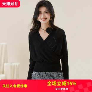 羊绒衫 金菊 菱格镂空收腰显瘦气质毛衣女式 v领长袖 山羊绒100%