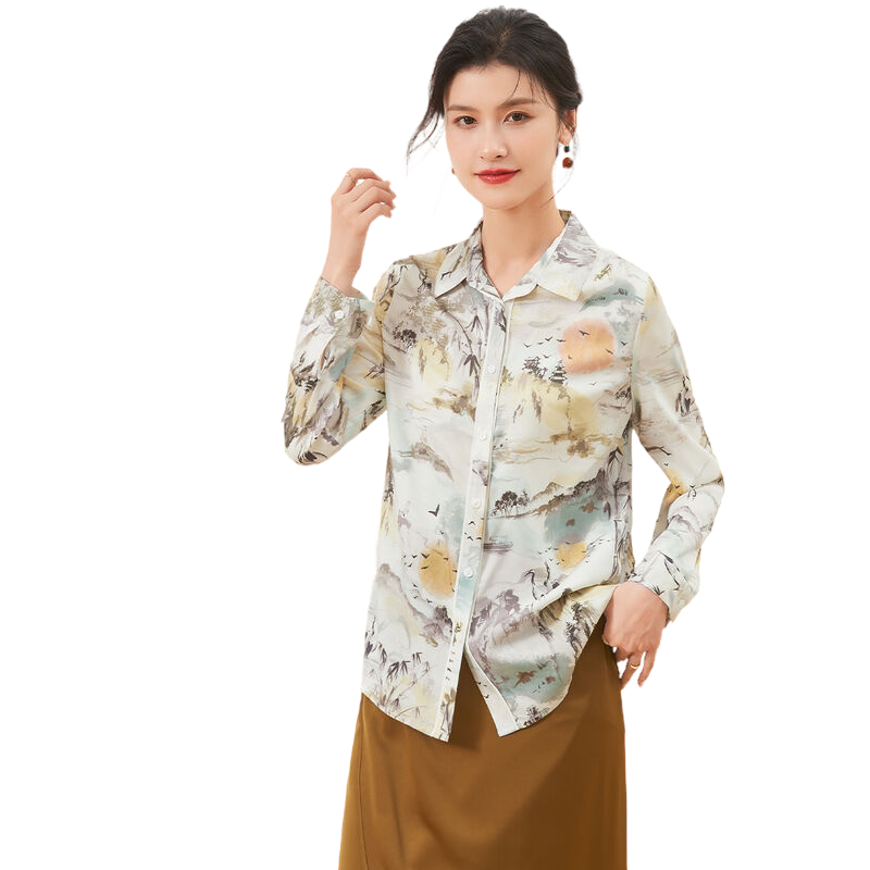 金菊中国风山水画印花春季新款桑蚕丝翻领百搭休闲上衣女式衬衫