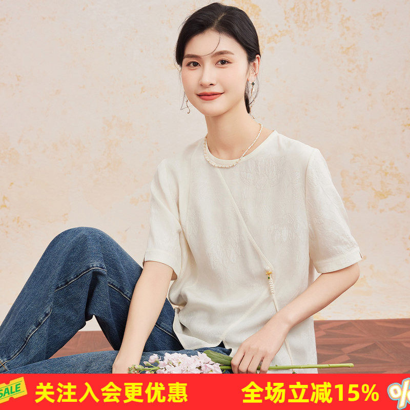 金菊【100%桑蚕丝国风】不规则设计纯色新中式重磅真丝女式T恤
