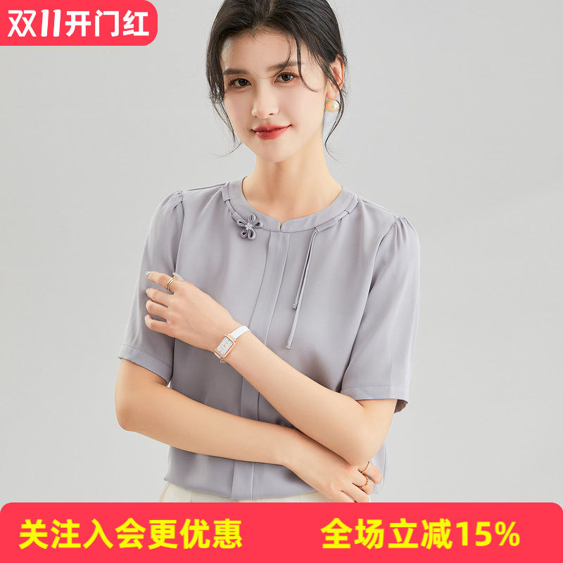 金菊欧若新中式花朵盘扣纯色上衣圆领国风五分袖春夏桑蚕丝T恤女