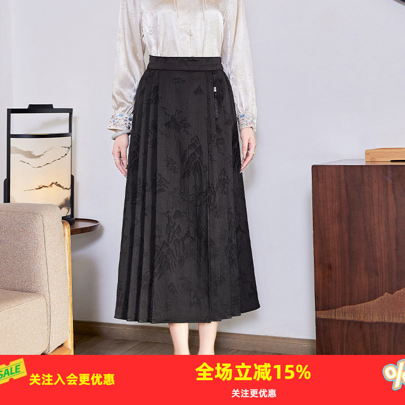 金菊国风山水图案纯色高腰马面裙春夏新款国风流苏垂感女式半身裙