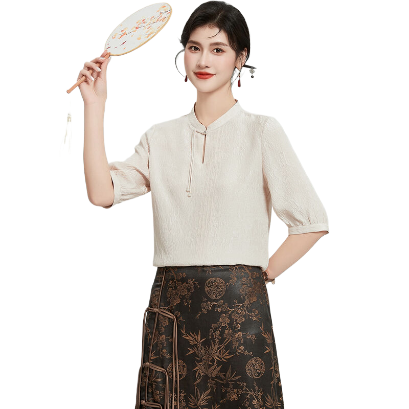 冠乐绉!新中式真丝桑蚕丝夏季纯色圆领五分袖舒适透气T恤