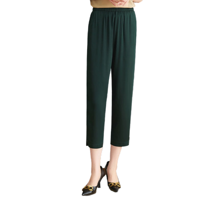 夏季重磅桑蚕丝纯色松紧腰九分小脚裤口袋通勤百搭休闲裤开叉