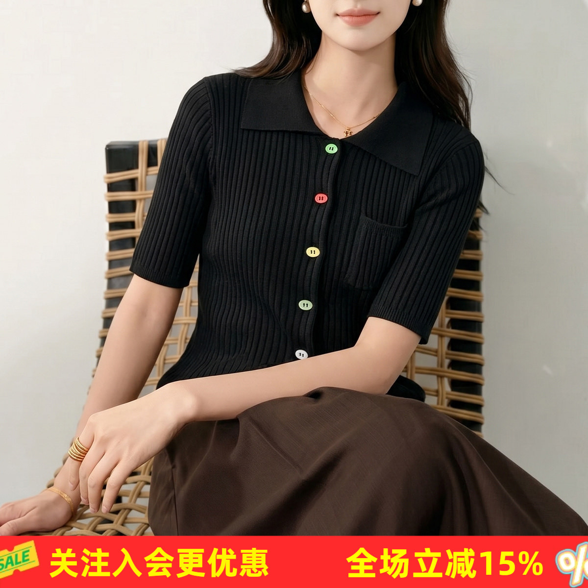 含桑蚕丝女式针织衫春夏季气质通勤修身翻领短袖上衣透气舒适T恤