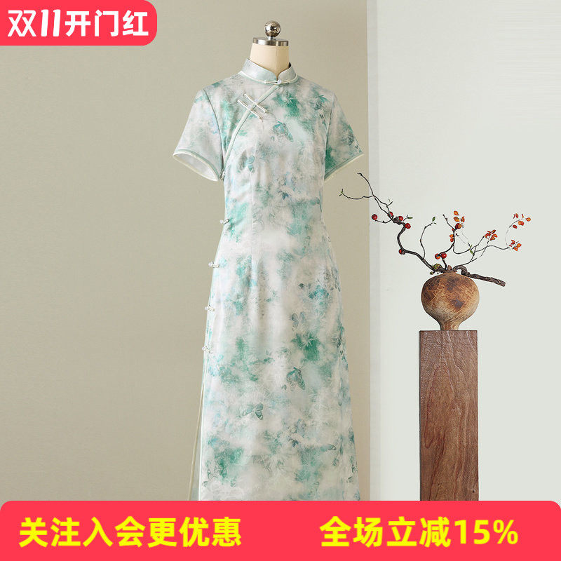 【清新风旗袍】优雅气质26年夏季新品立领正肩短袖中长款连衣裙