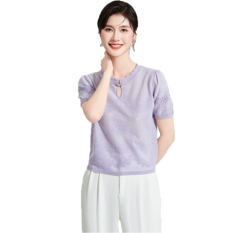 【含桑蚕丝】花边圆领纯色镂空针织衫简约国风提花夏季女式T恤