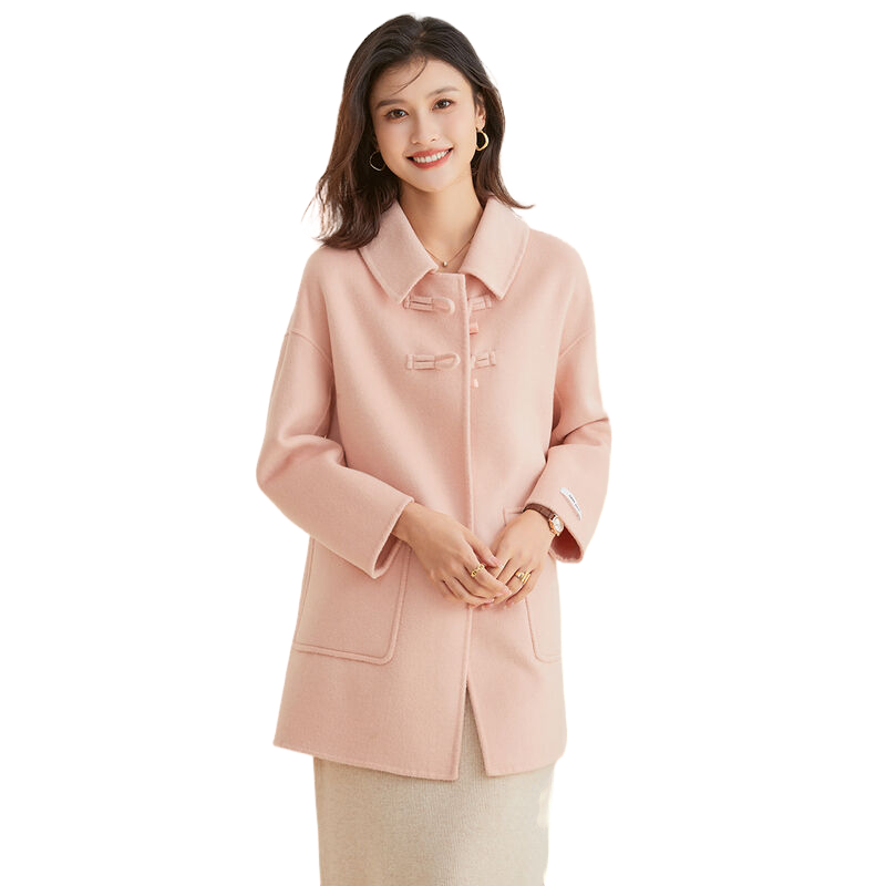 金菊春秋新款翻领纯色牛角扣双面呢羊毛外套直筒宽松女式大衣