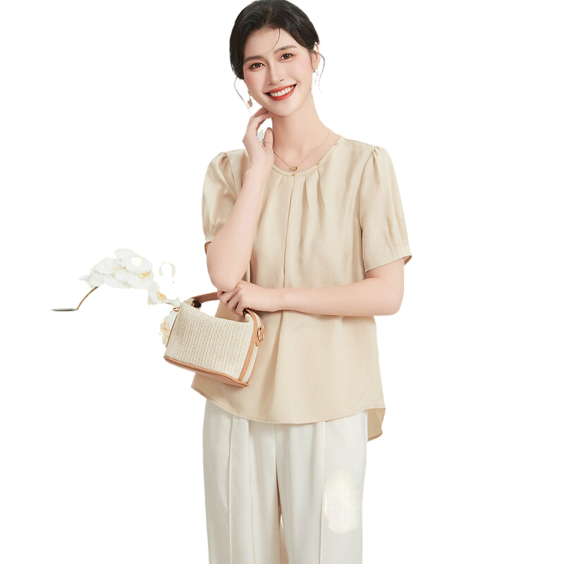 【100%桑蚕丝】圆领纯色泡泡袖气质钉珠气质真丝夏季女式T恤